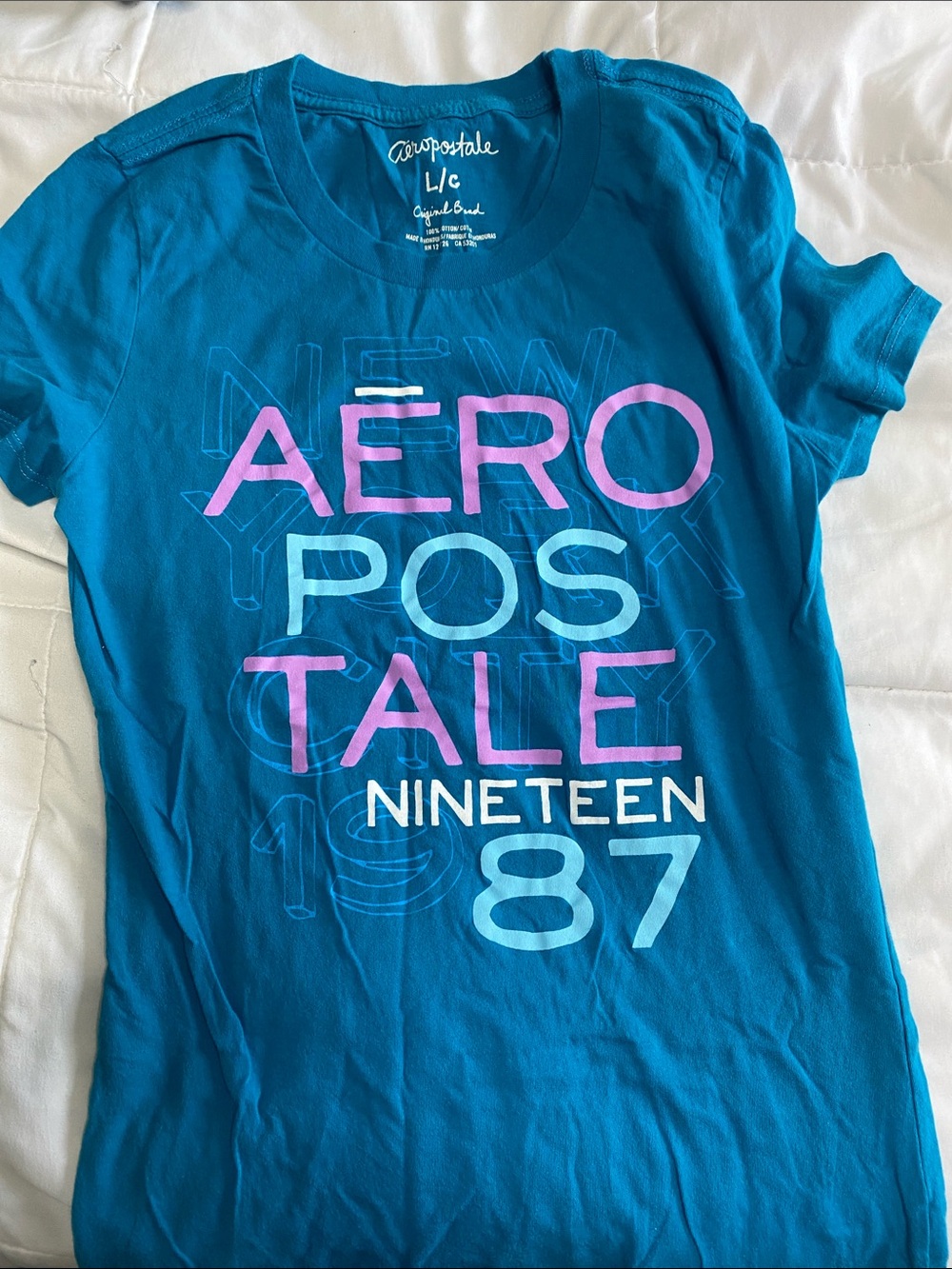 Aeropostale Teal Graphic Logo Tee with Pink & Light Blue Print